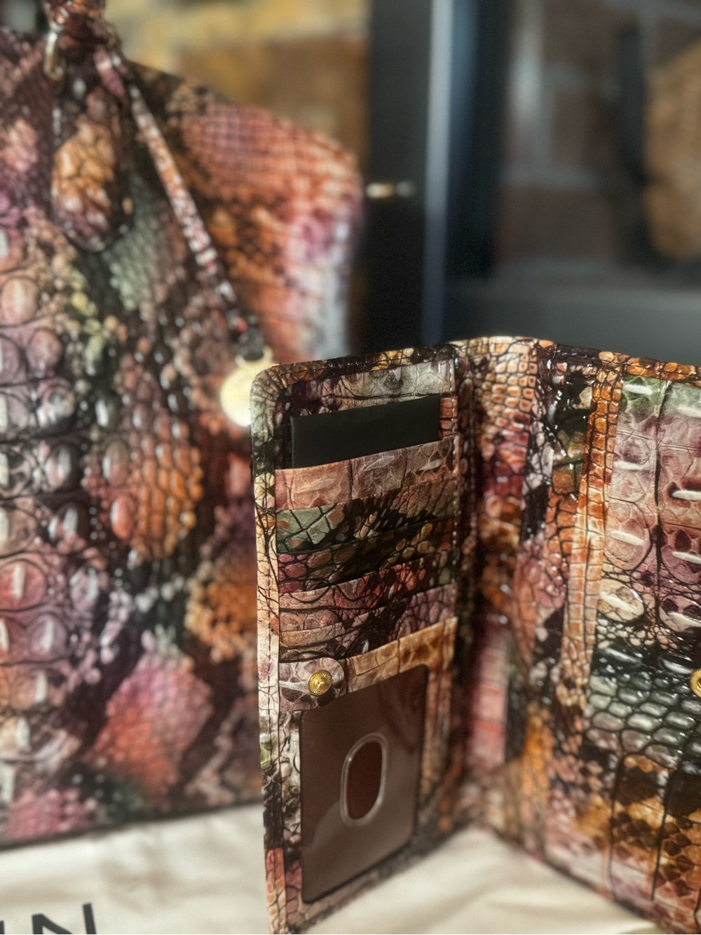 Brahmin Multicolor Embossed Leather Satchel with matching wallet. Snake print. - Picture 5 of 5
